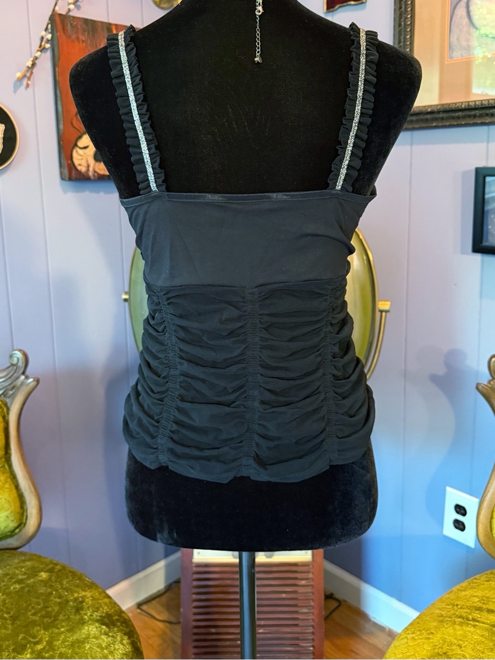 Vintage Y2K Flora Nikrooz Beaded Sheer Black Ruched Mesh Fairycore Top Size M - Picture 7 of 8